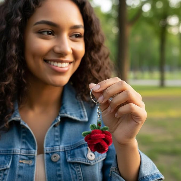 AGANTUK Handmade Red Rose Pipe Cleaner Keychain with Metal Ring