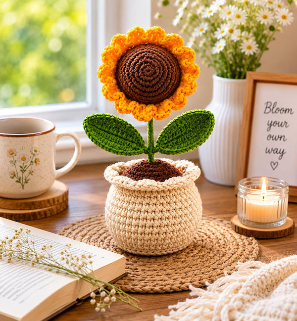 AGANTUK Handmade Crochet Artificial Sunflower Pot for Home Decor