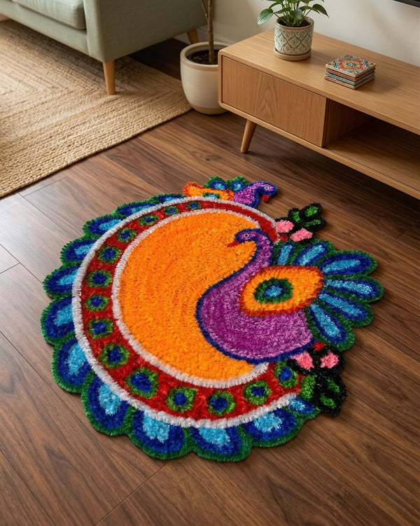 AGANTUK Handcrafted Woolen Rangoli Mat – Peacock Design
