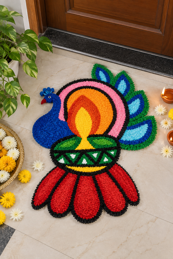AGANTUK Handcrafted Woolen Rangoli Mat – Peacock Diya Design