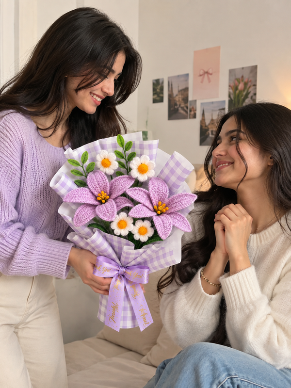 AGANTUK Handmade Crochet Flower Bouquet – Lavender & White Floral Arrangement