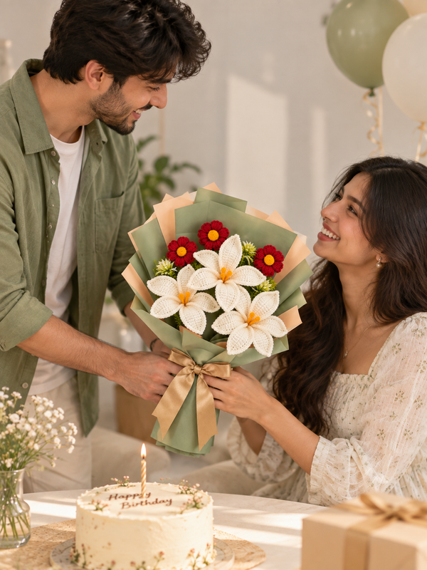 AGANTUK Handcrafted Crochet Flower Bouquet with White Flowers & Red Blooms