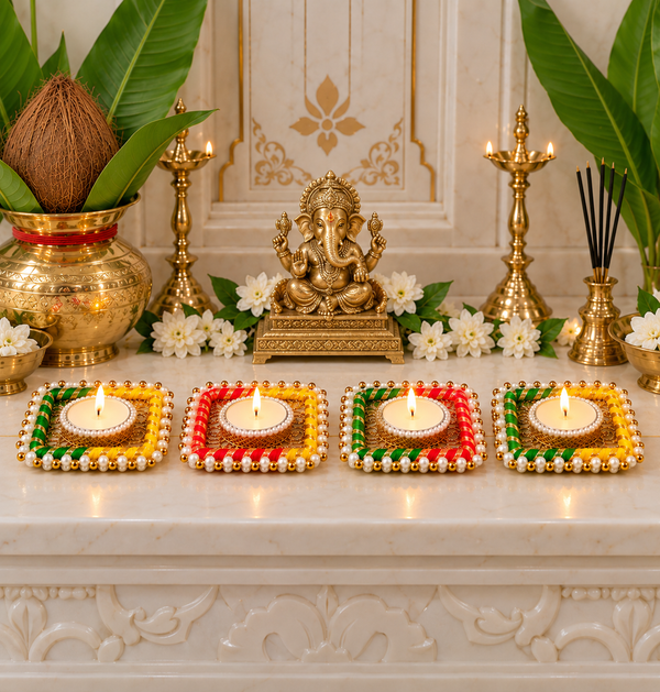 Agantuk Decorative Tea Light Diyas with Pearl & Bead Work (Pack of 4)