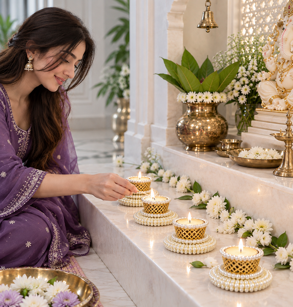Decorative Pearl Diya Tealight Holder for Diwali & Home Decor (Pack of 2)