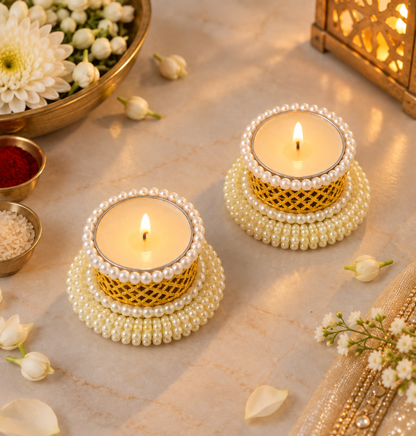 Decorative Pearl Diya Tealight Holder for Diwali & Home Decor (Pack of 2)