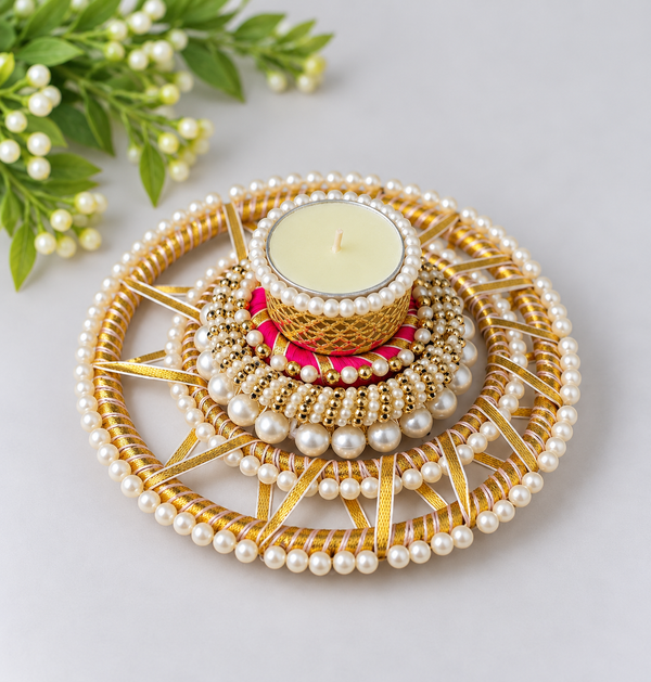 Agantuk Gota & Pearl Decorative Diya Tealight Holder for Diwali Decor (Pack of 1)
