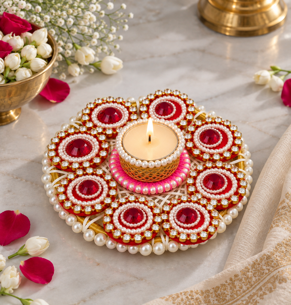 Agantuk Pearls and Stonework Diya Tealights for Diwali Decor (Pack of 1)