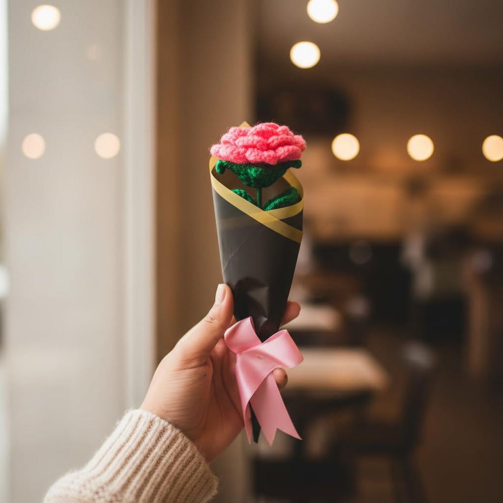 AGANTUK Handmade Crochet Pink Rose Single Stem Flower Bouquet