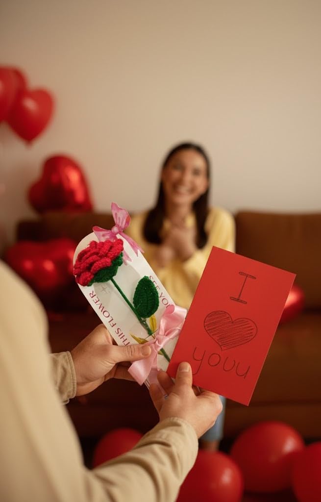 AGANTUK Handmade Crochet Red Rose Gift with Ready-to-Gift Packaging