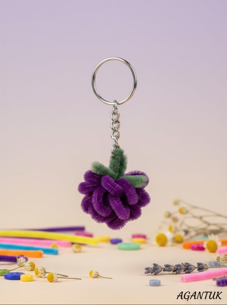 AGANTUK Handmade Purple Rose Pipe Cleaner Keychain with Metal Ring