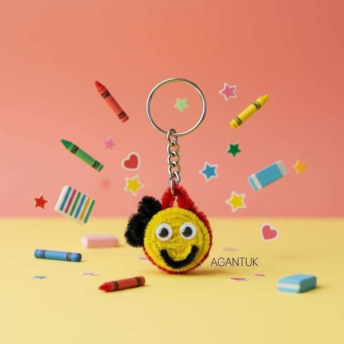 AGANTUK Handmade Pipe Cleaner Smiley Keychain with Metal Ring