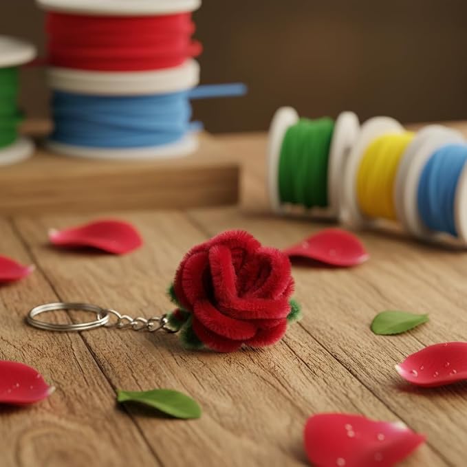 AGANTUK Handmade Red Rose Pipe Cleaner Keychain with Metal Ring