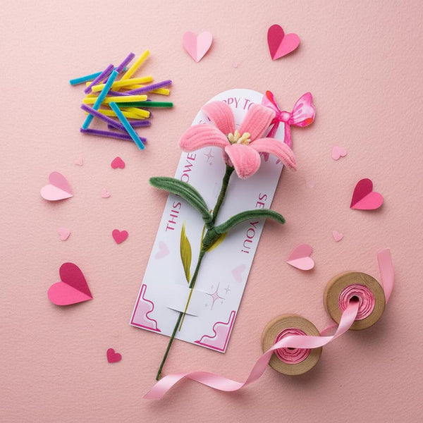AGANTUK Pink Lily Artificial Flower, Pipe Cleaner, for Gifting, Home & Office Décor, 1 Piece