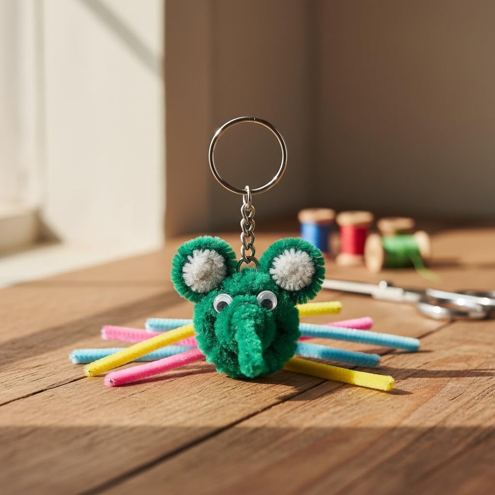 AGANTUK Handmade Green White Elephant Pipe Cleaner Keychain