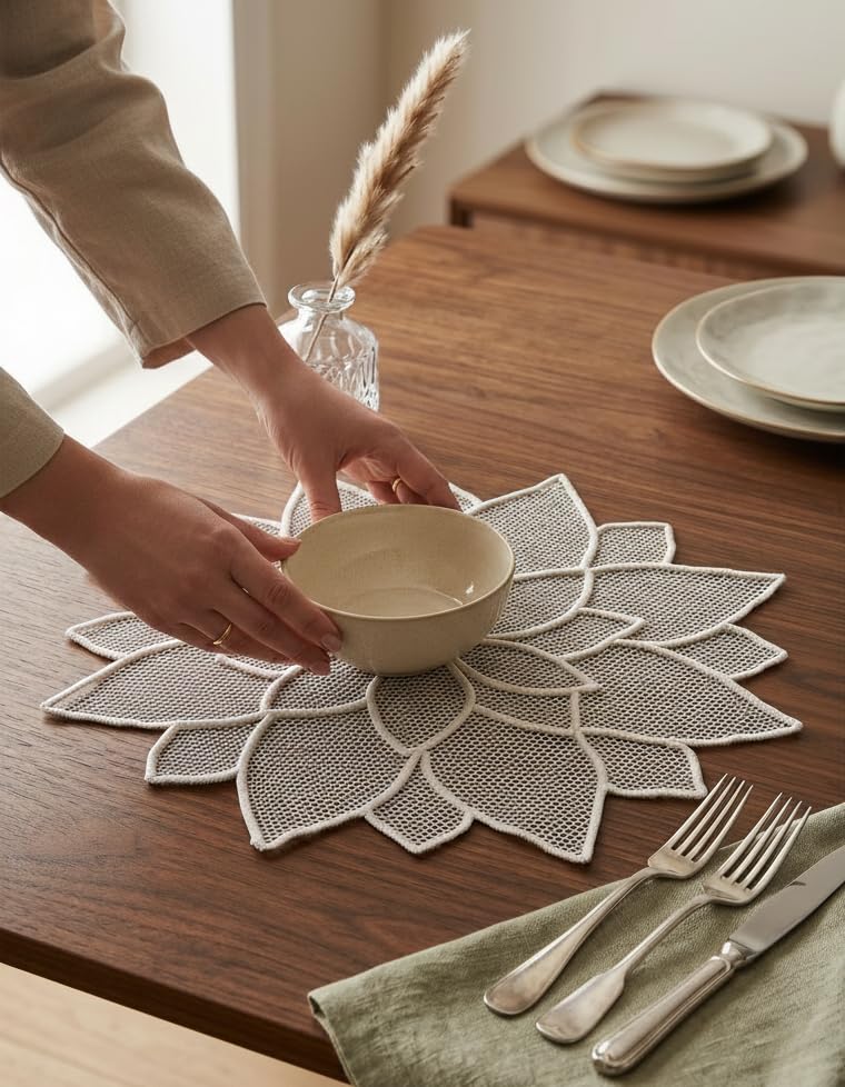 Handmade White Lotus Floral Decorative Place Mat for Home Decor