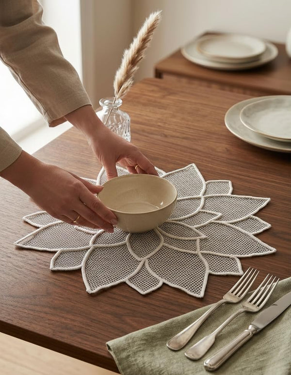 Handmade White Lotus Floral Decorative Place Mat for Home Decor