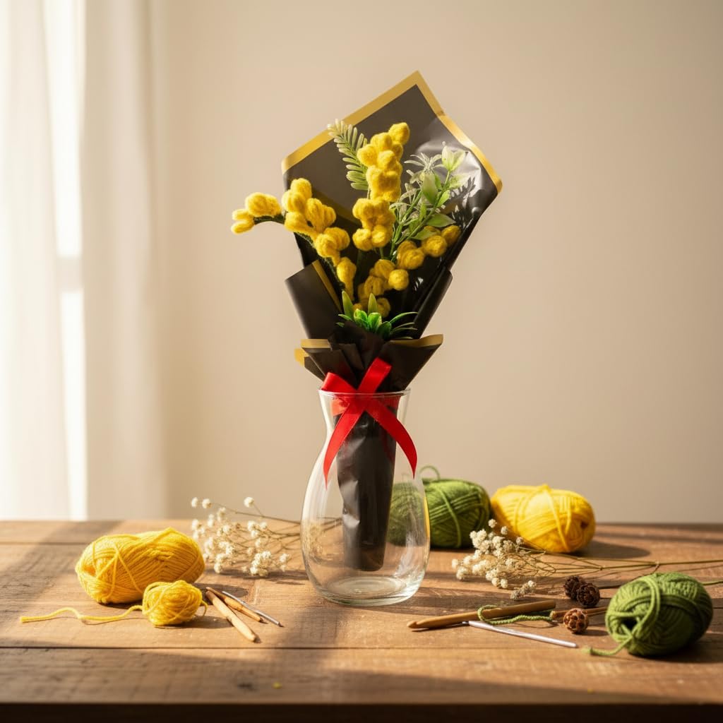 AGANTUK Handmade Crochet Mimosa Flower Bouquet for Gifting