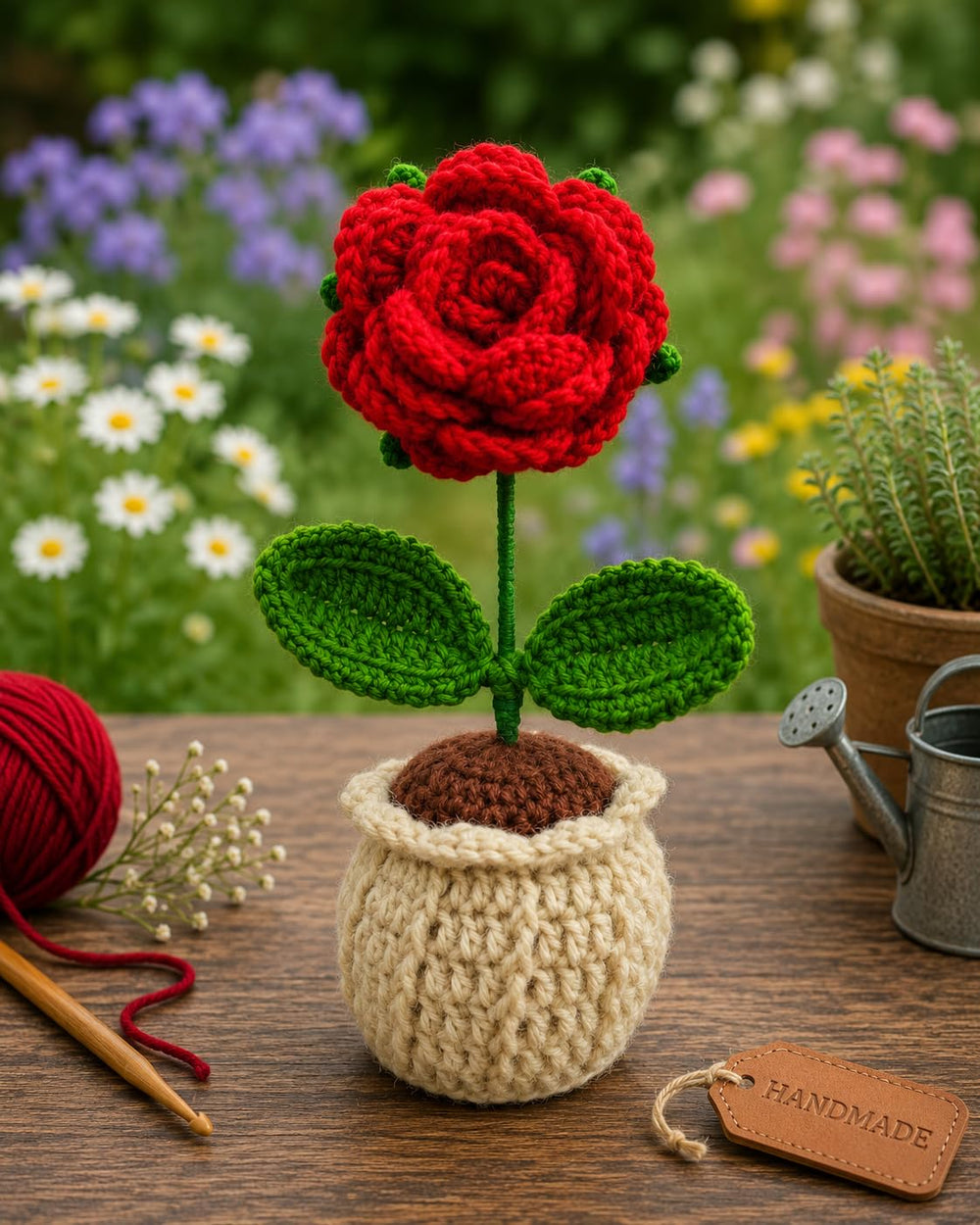 AGANTUK Handmade Crochet Artificial Rose Flower Pot