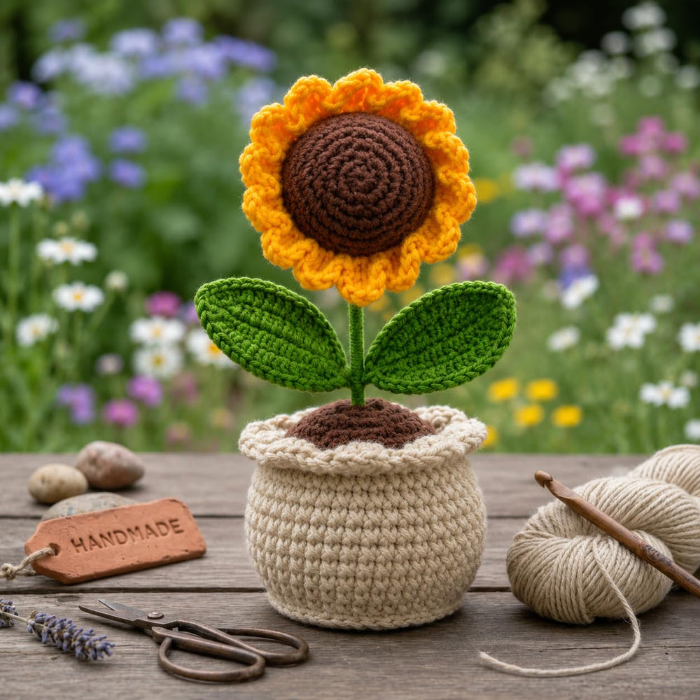 AGANTUK Handmade Crochet Artificial Sunflower Pot for Home Decor