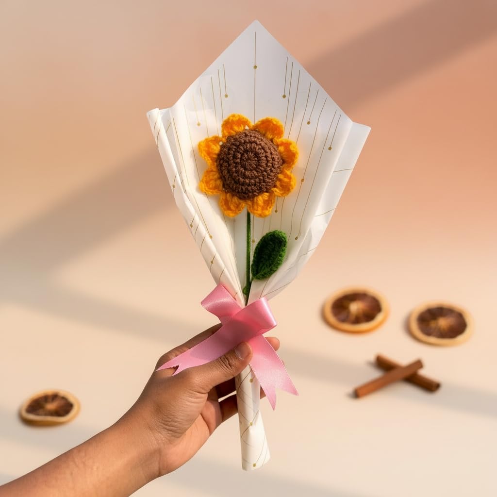 AGANTUK Handmade Crochet Sunflower Single Stem Flower Bouquet