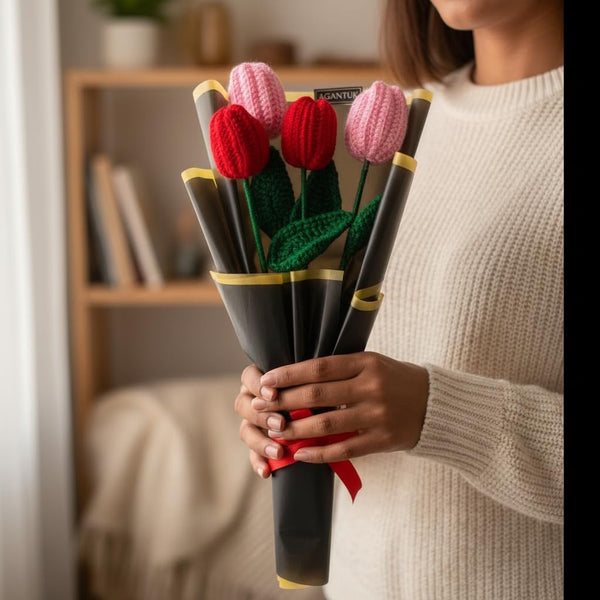 AGANTUK Handmade Crochet Multicolor Tulip Flower Bouquet