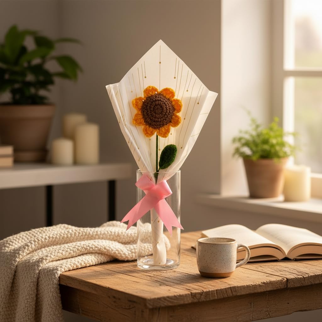 AGANTUK Handmade Crochet Sunflower Single Stem Flower Bouquet