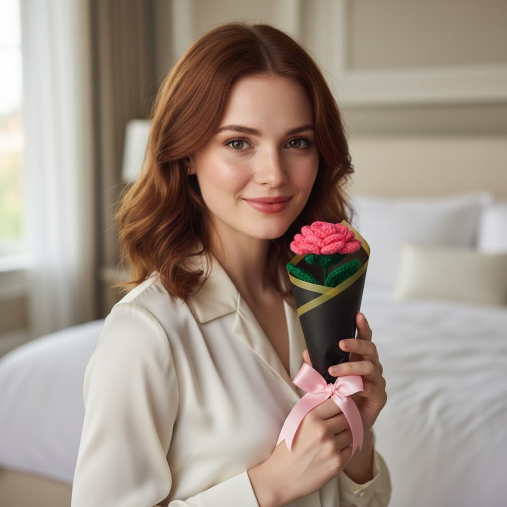 AGANTUK Handmade Crochet Pink Rose Single Stem Flower Bouquet