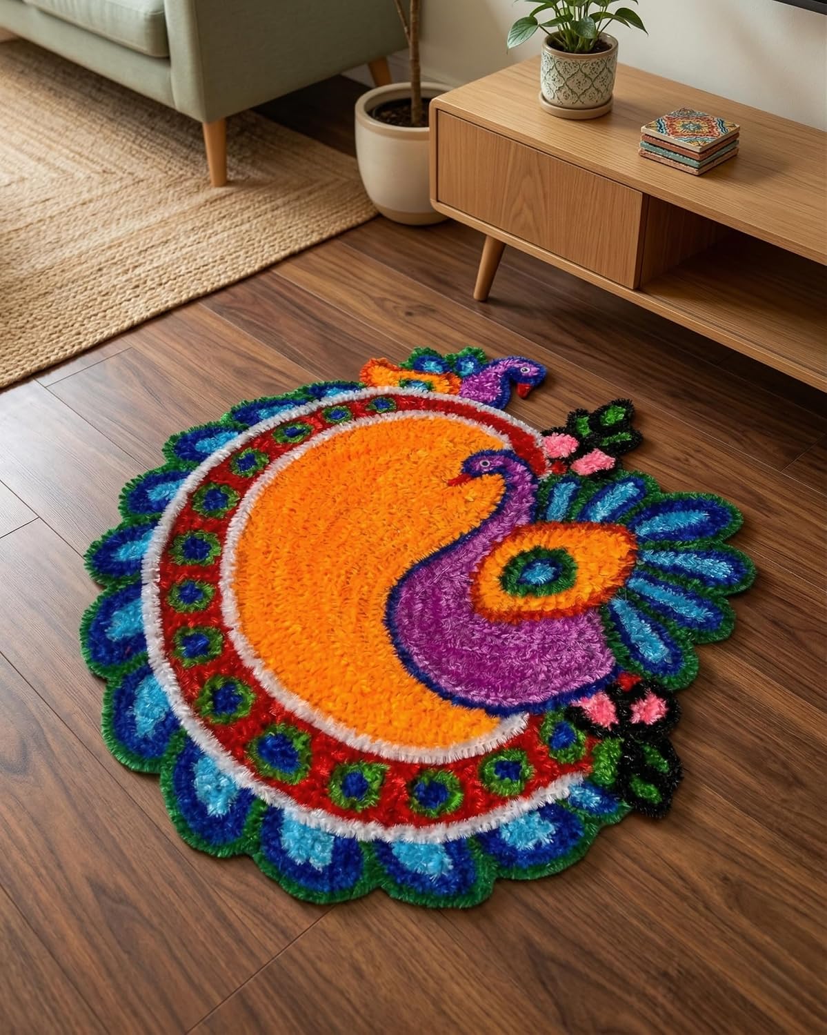 AGANTUK Handcrafted Woolen Rangoli Mat – Peacock Design