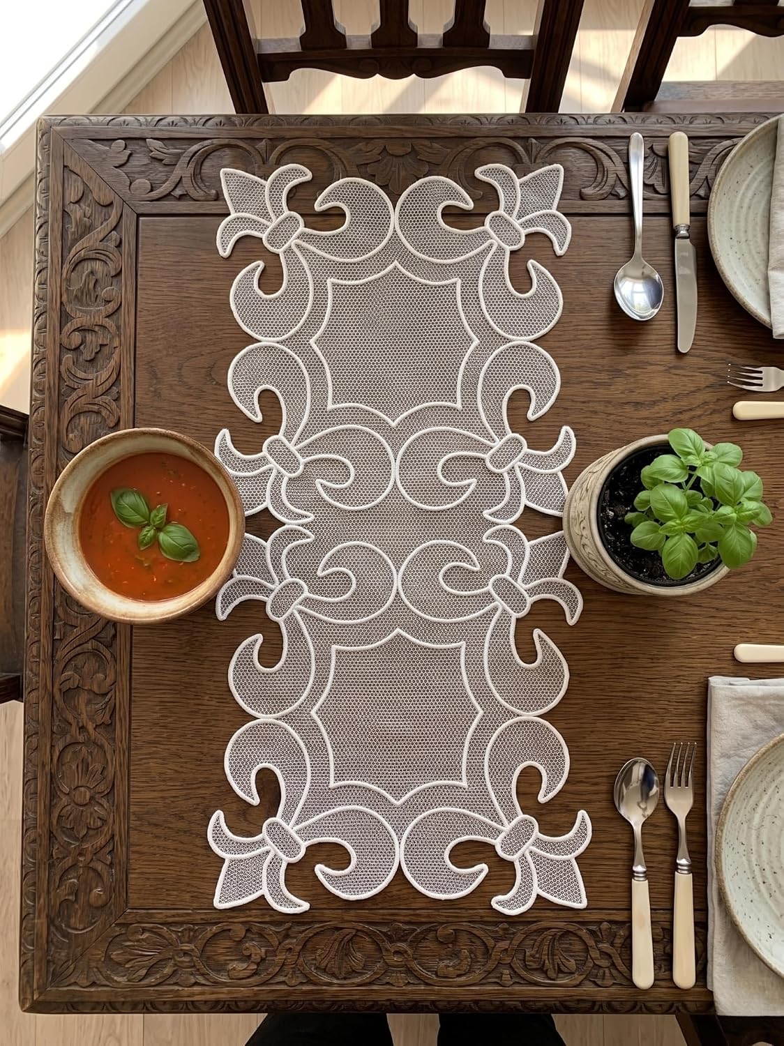 Handmade White Floral Decorative Rectangular Place Mat