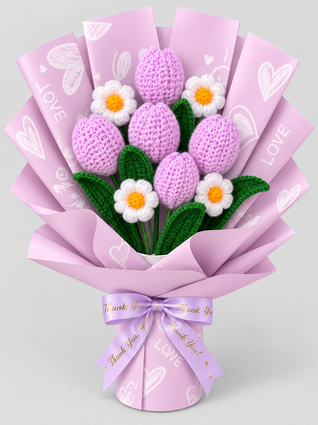 AGANTUK Handmade Crochet Tulip & Daisy Flower Bouquet (Lavendar)