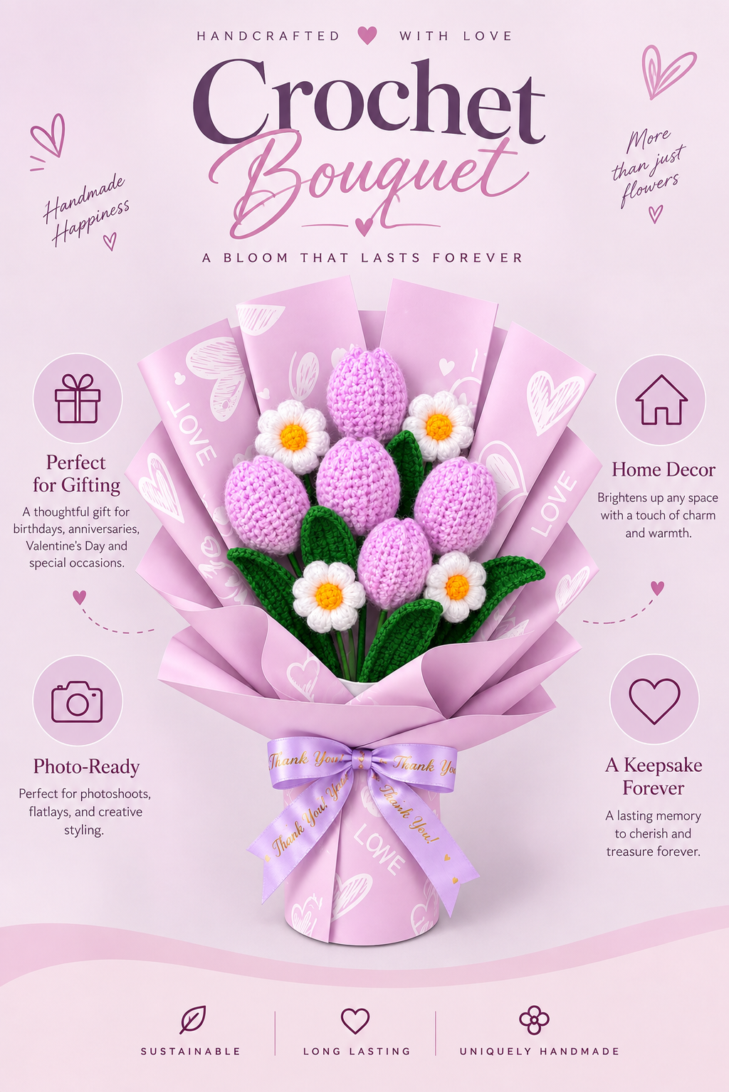 AGANTUK Handmade Crochet Tulip & Daisy Flower Bouquet (Lavendar)