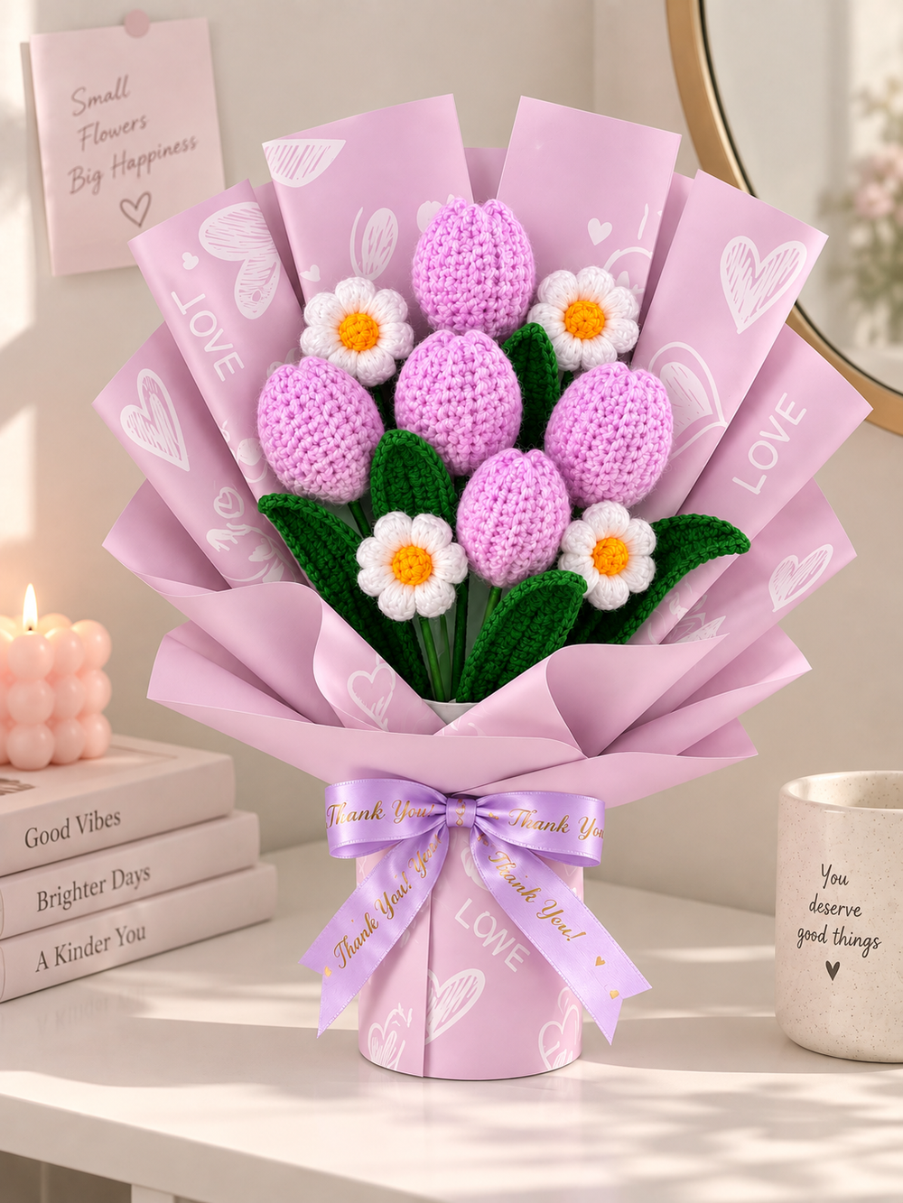 AGANTUK Handmade Crochet Tulip & Daisy Flower Bouquet (Lavendar)