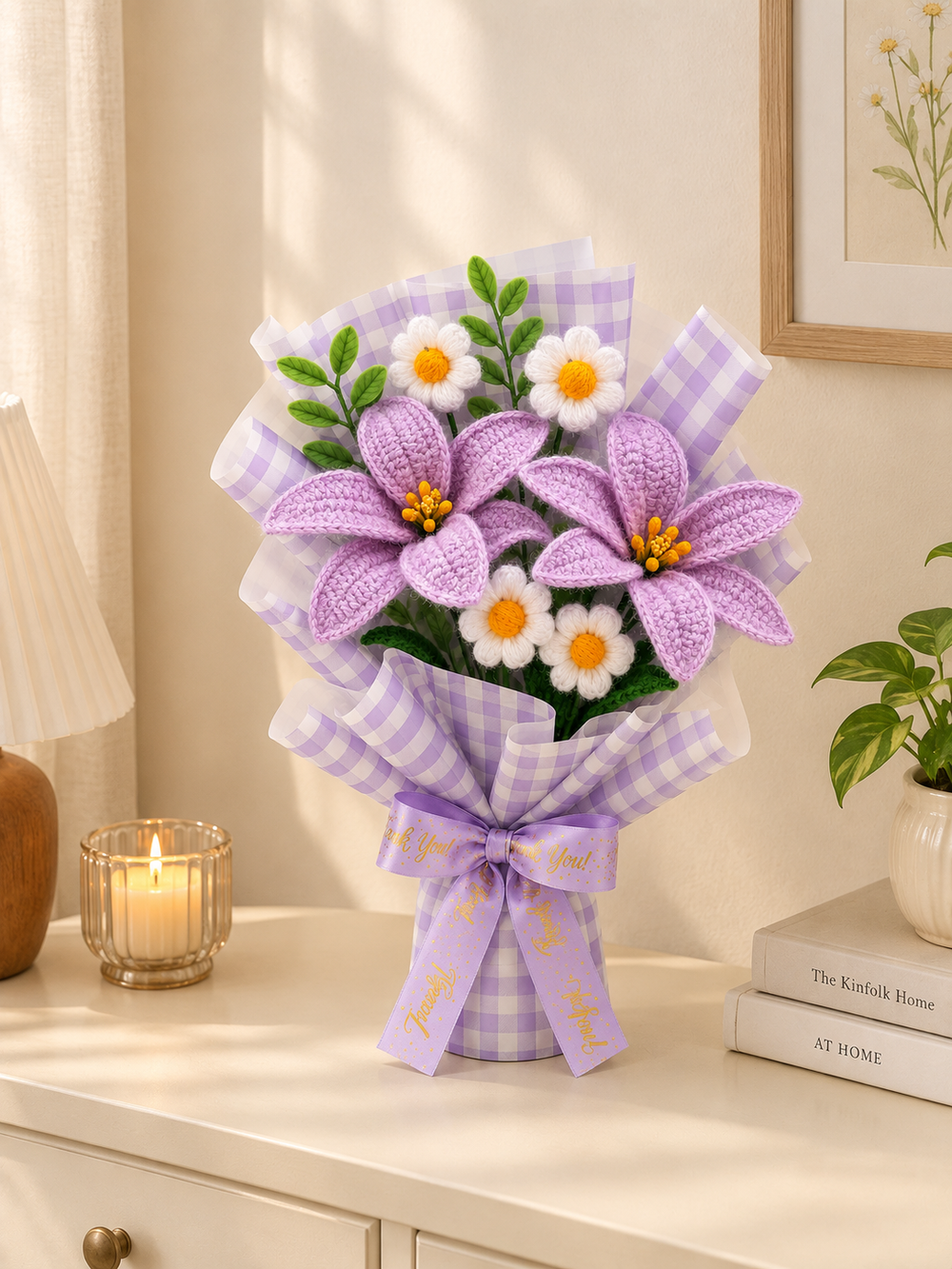 AGANTUK Handmade Crochet Flower Bouquet – Lavender & White Floral Arrangement