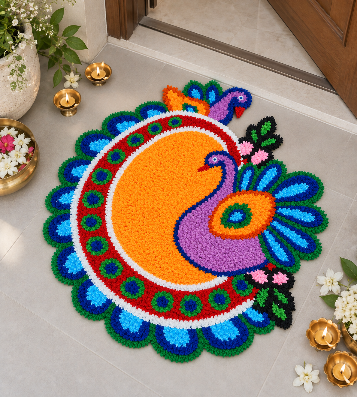AGANTUK Handcrafted Woolen Rangoli Mat – Peacock Design