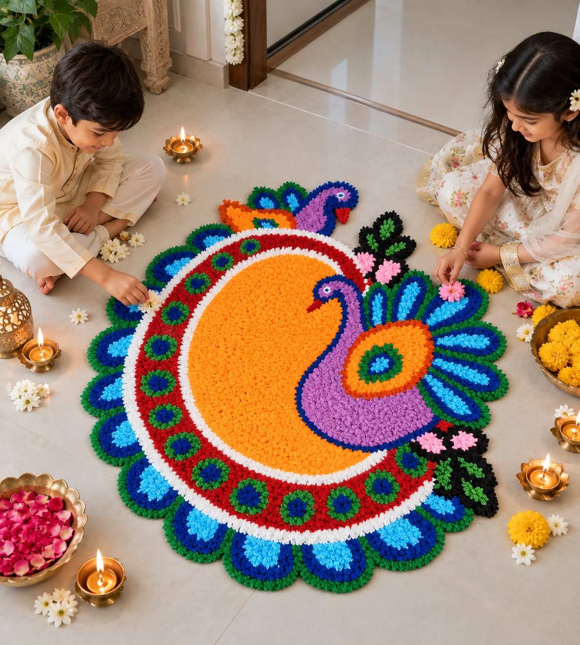 AGANTUK Handcrafted Woolen Rangoli Mat – Peacock Design