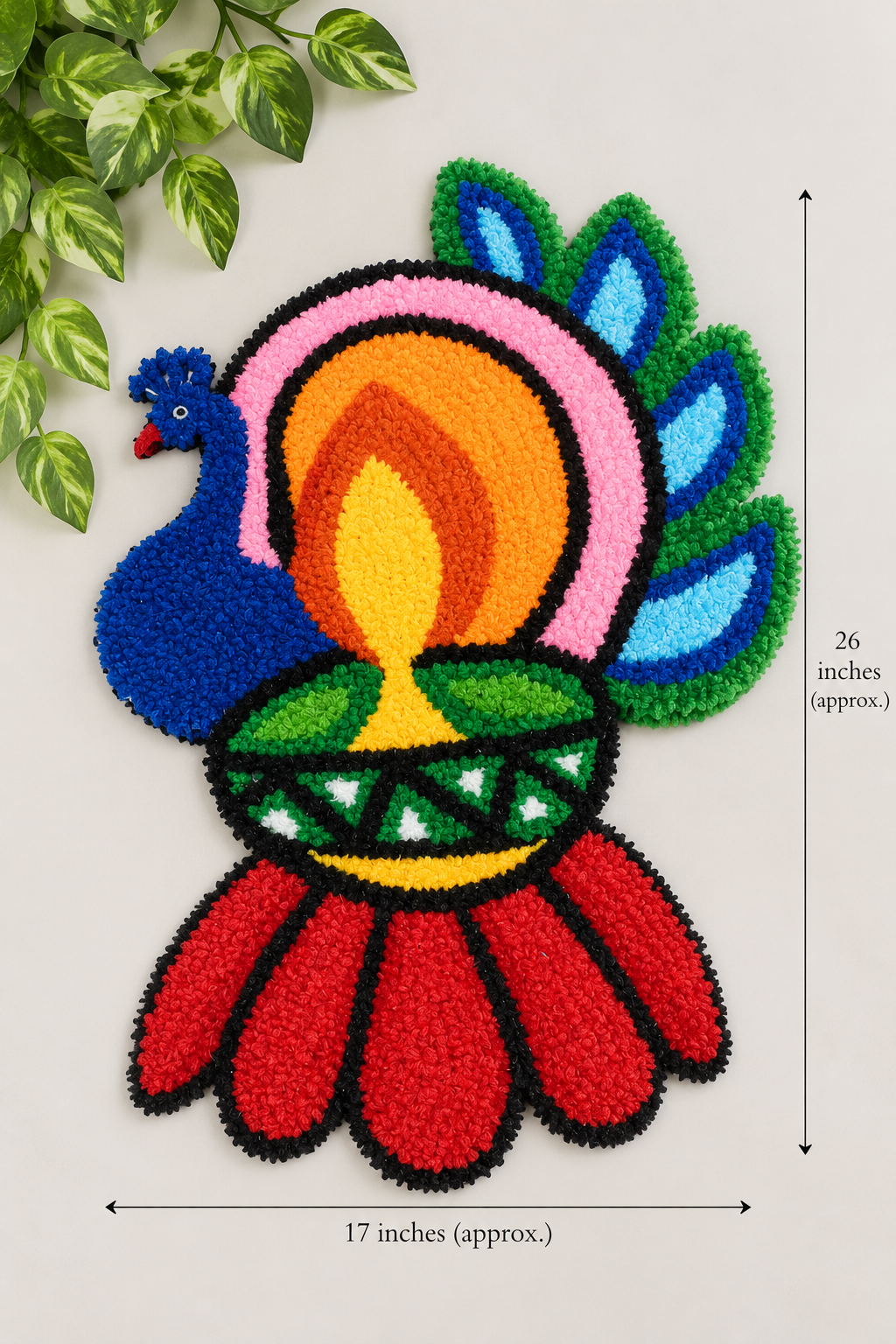 AGANTUK Handcrafted Woolen Rangoli Mat – Peacock Diya Design