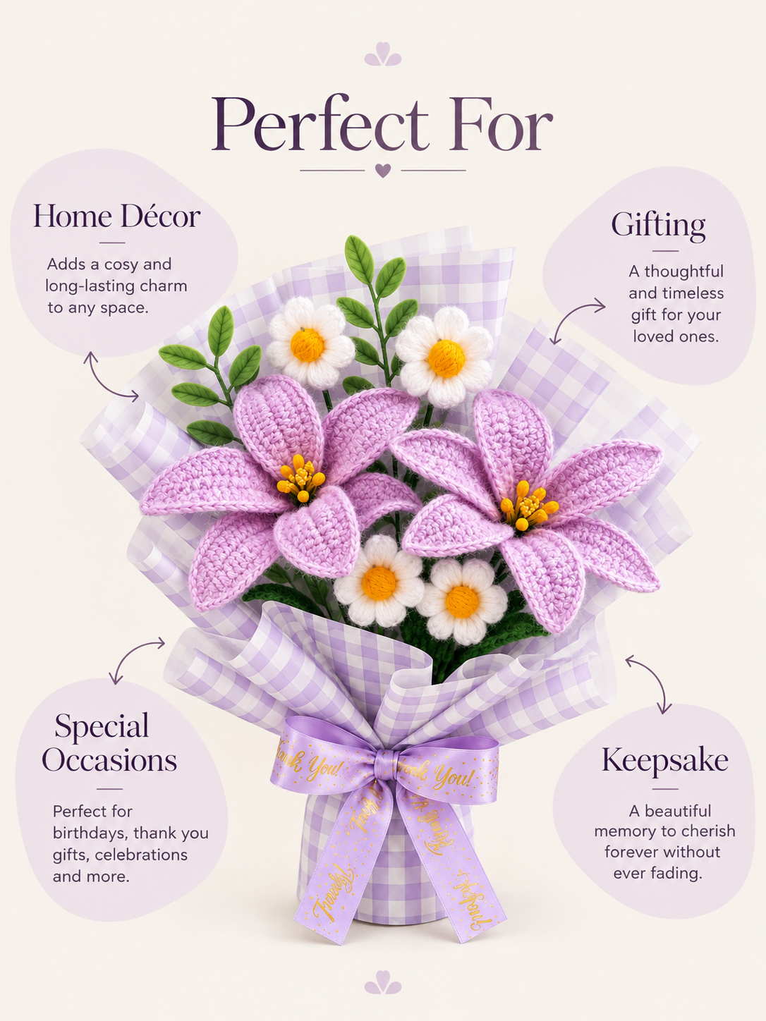 AGANTUK Handmade Crochet Flower Bouquet – Lavender & White Floral Arrangement