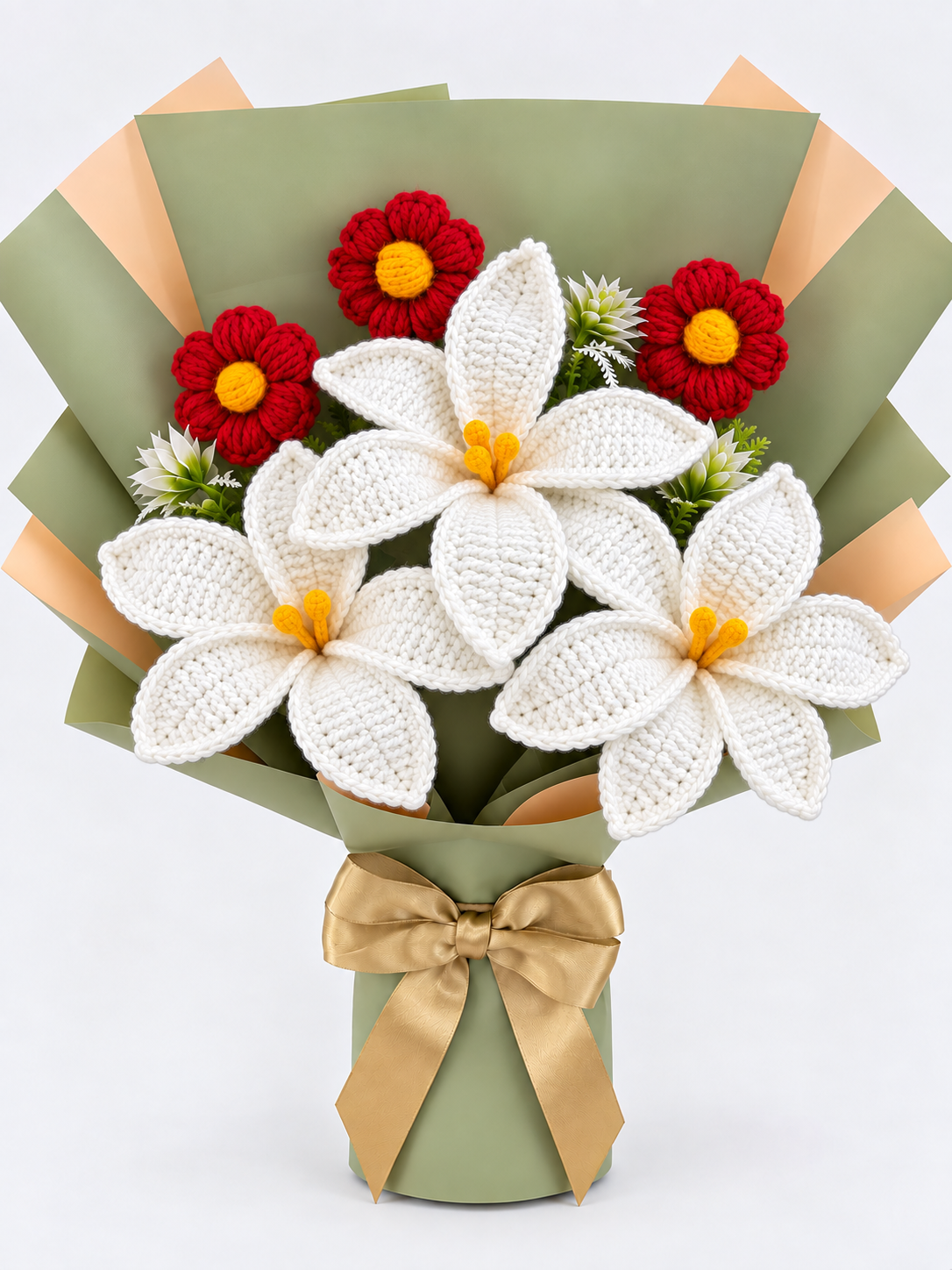 AGANTUK Handcrafted Crochet Flower Bouquet with White Flowers & Red Blooms