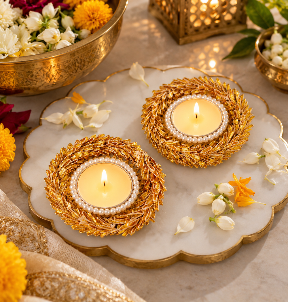 Agantuk Gota Work Diya Tealight Holder for Diwali Home Decor (Pack of 2)