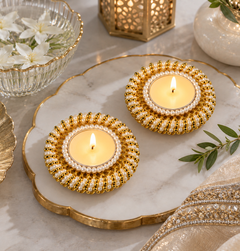 Handcrafted Pearl & Bead Work Decorative Diya Set for Diwali Pooja (Pack of 2)
