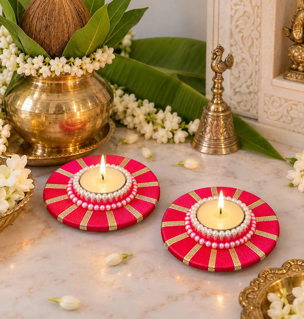 Agantuk Pink Thread Wrapped Decorative Diya for Diwali Decor (Pack of 2)
