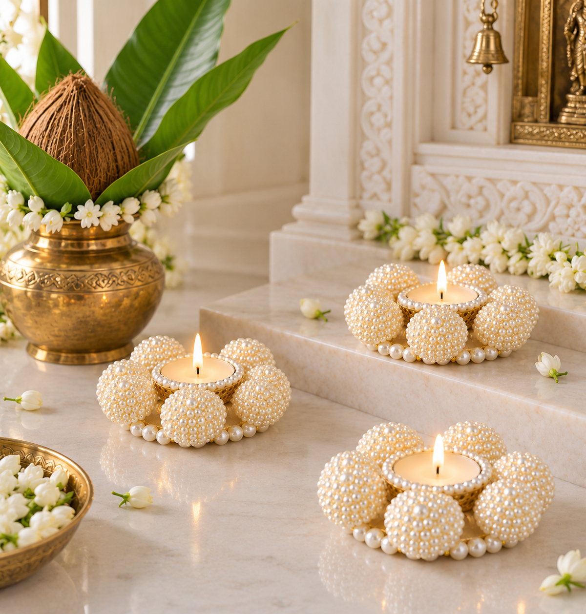Agantuk Pearl Decorative Diya Tealight Holder for Diwali Home Decor (Pack of 2)