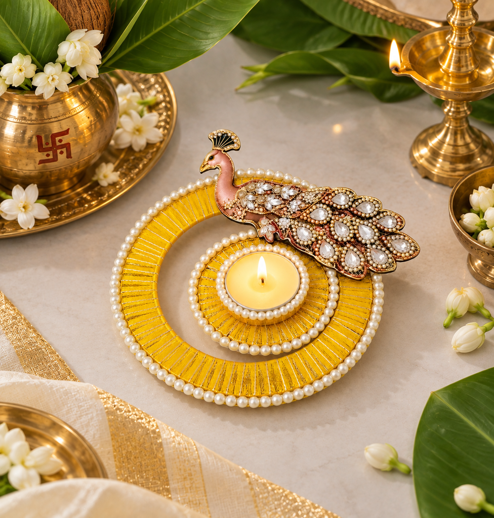 Agantuk Thread Wrapped Peacock Diya Tealight Holder for Diwali Decor (Pack of 1)