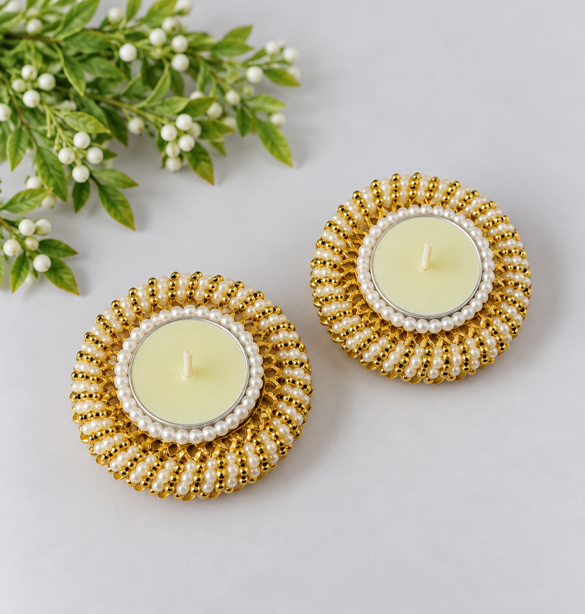 Handcrafted Pearl & Bead Work Decorative Diya Set for Diwali Pooja (Pack of 2)