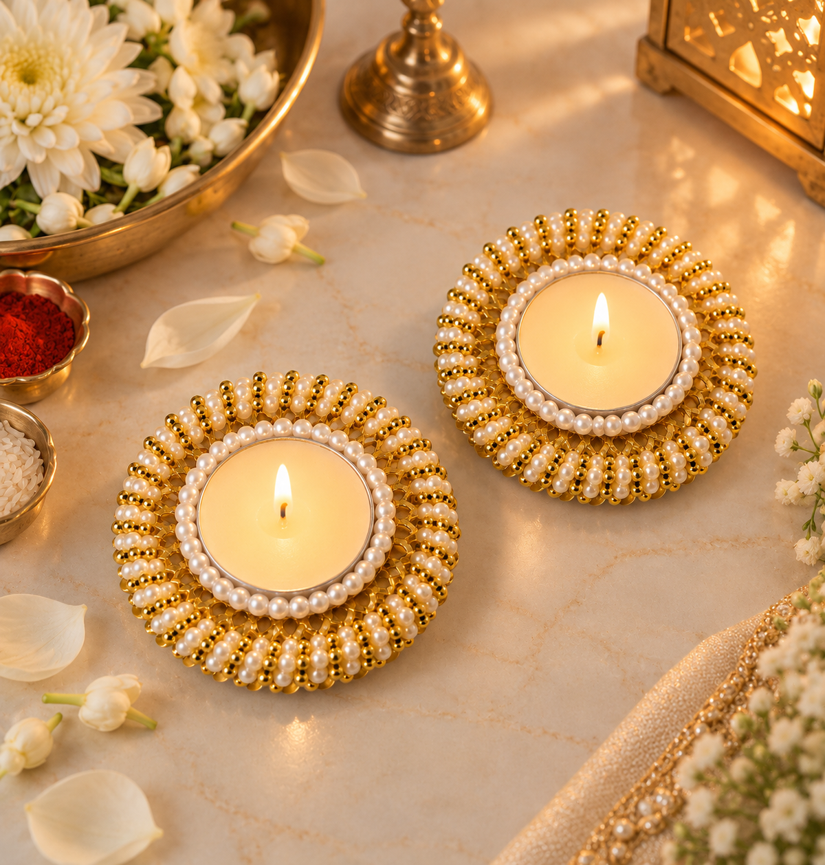 Handcrafted Pearl & Bead Work Decorative Diya Set for Diwali Pooja (Pack of 2)