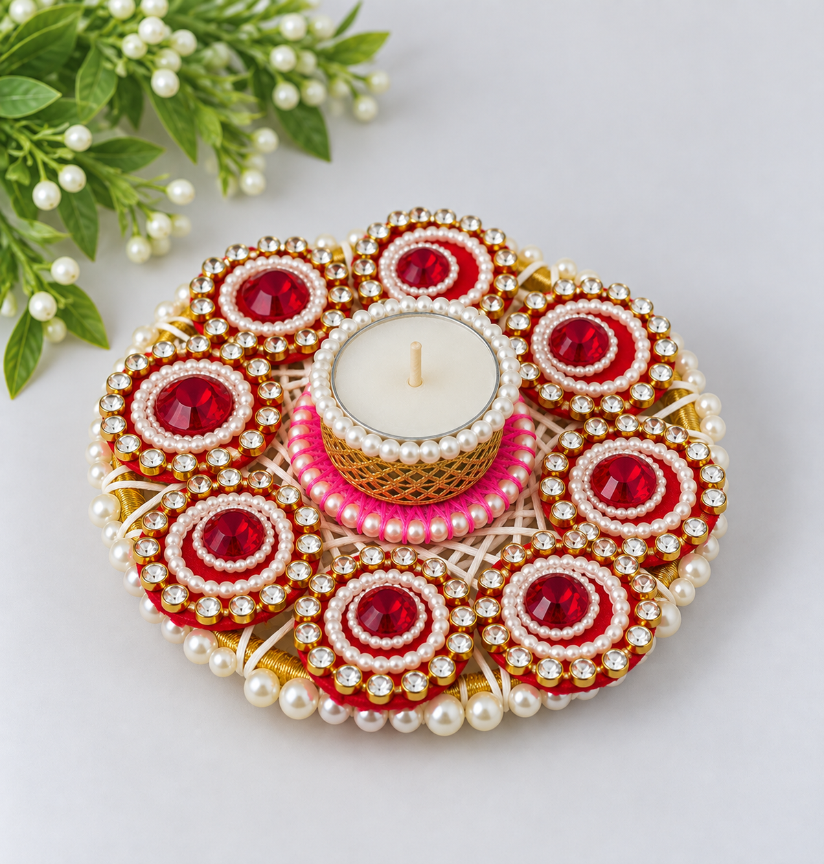 Agantuk Pearls and Stonework Diya Tealights for Diwali Decor (Pack of 1)