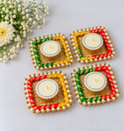 Agantuk Decorative Tea Light Diyas with Pearl & Bead Work (Pack of 4)