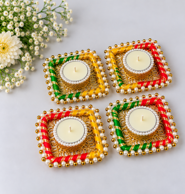 Agantuk Decorative Tea Light Diyas with Pearl & Bead Work (Pack of 4)