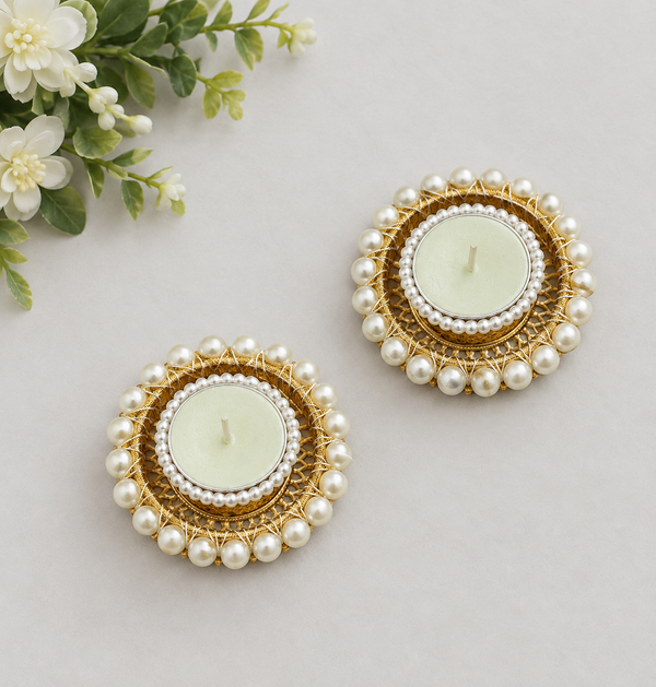Agantuk Pearl Embellished Golden Diya Tealight Holders for Diwali Decor (Set of 2)