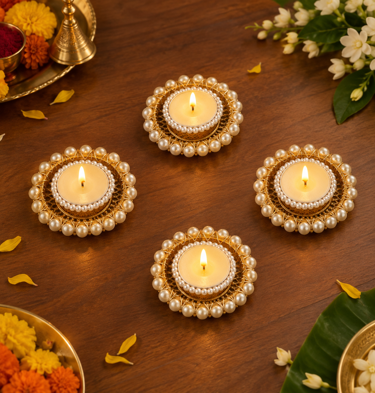 Agantuk Pearl Embellished Golden Diya Tealight Holders for Diwali Decor (Set of 2)